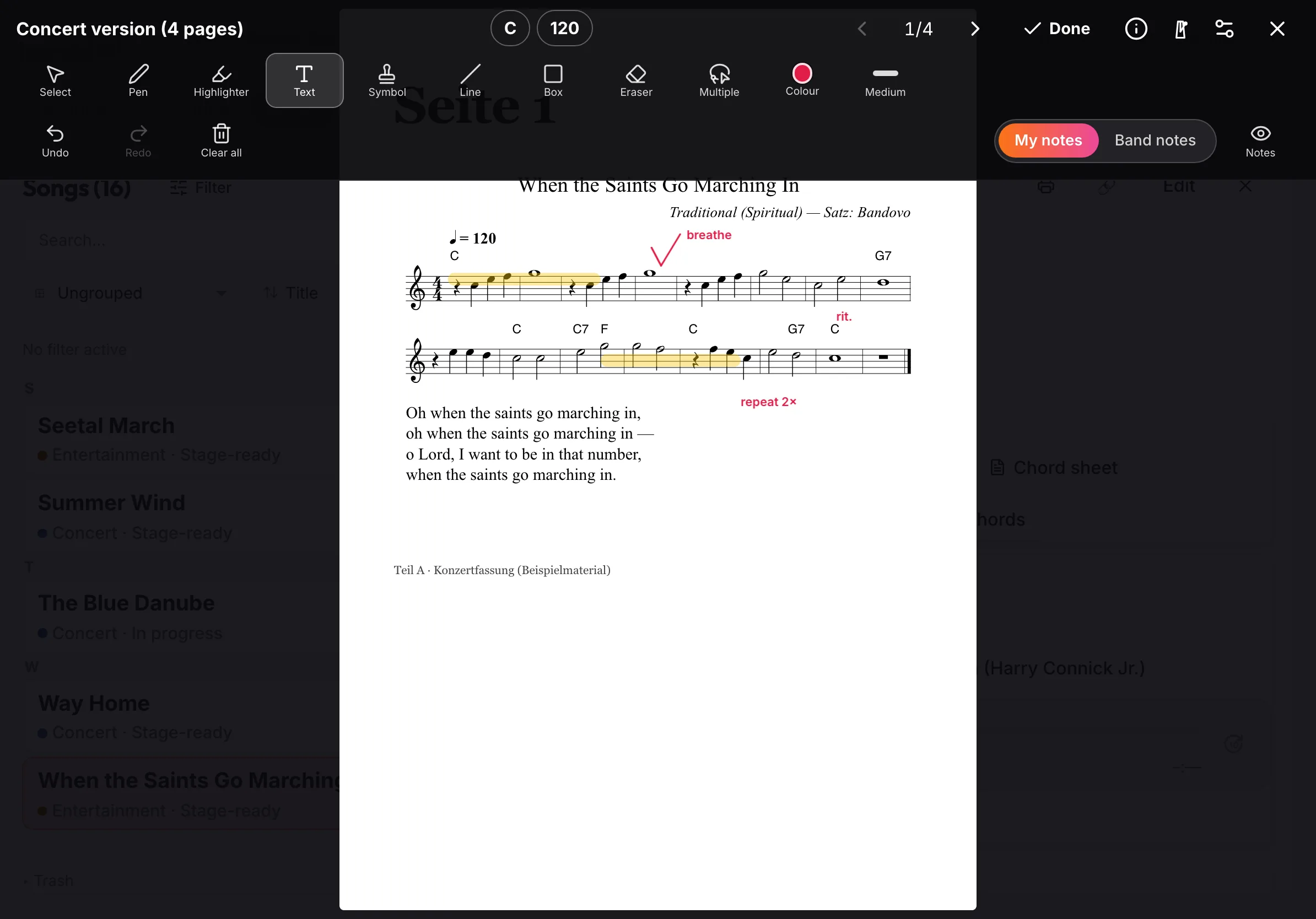 A sheet of music on a tablet with handwritten pen marks and a yellow highlight