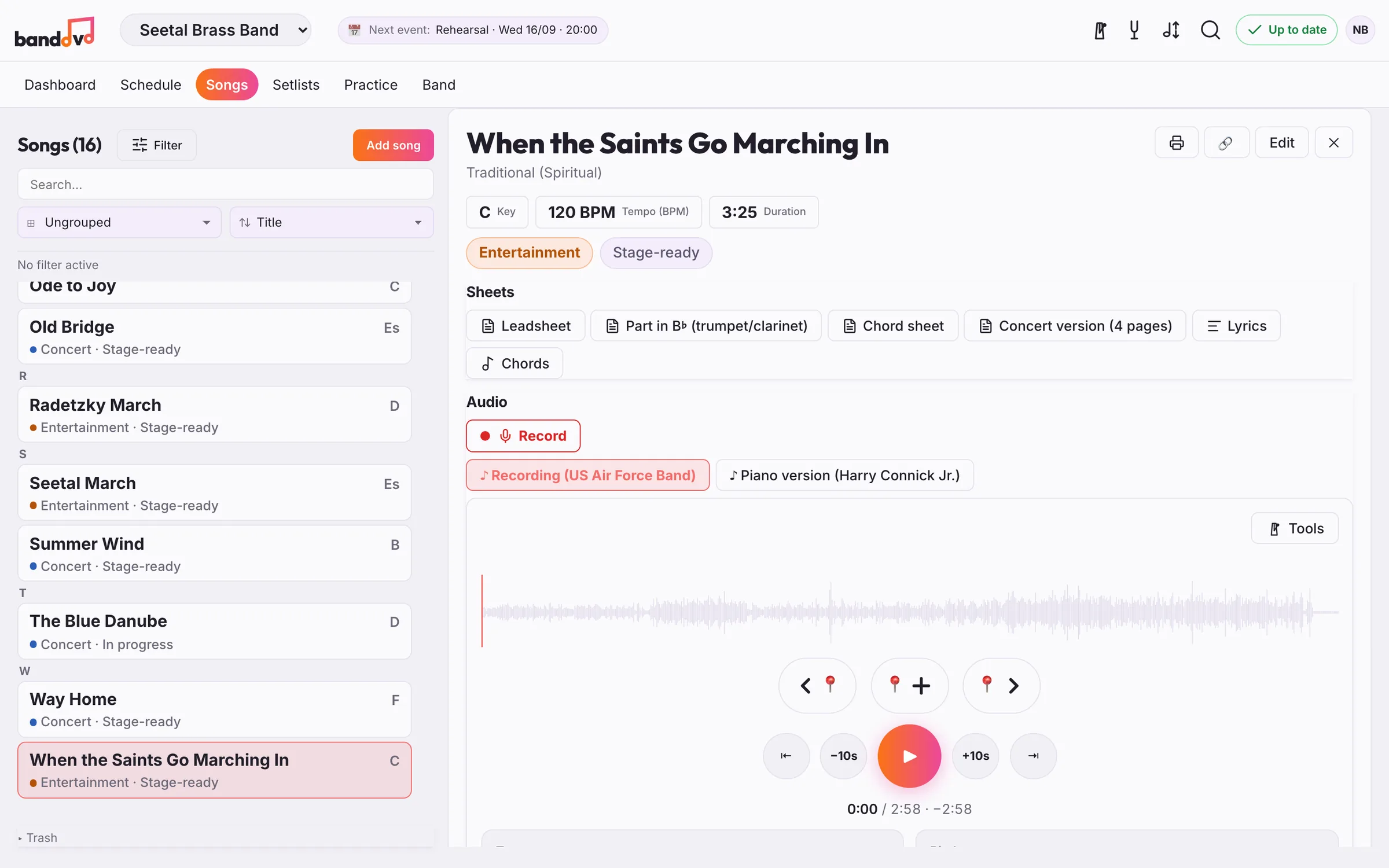 Practice mode: the recording as a waveform, with markers and ten-second jumps
